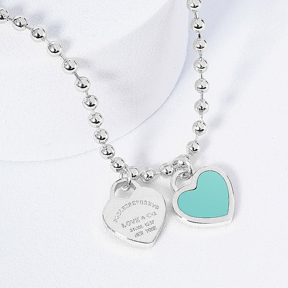 Blue Double Heart Pendant Charm Necklace Dipped Metal Chain Link Bubble Silver